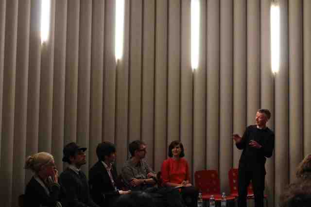 Rob Imrie (right) introduces the panel: l. to r. Ana Carden-Coyne, Carmen Papalia, James Grant, Graham Pullin, Alison Thomson