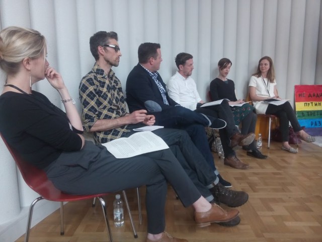 Left to right: Catherine Flood, Conor Wilson, Matt Smith, Joseph McBrinn, Julia Bryan-Wilson, Laura Carderera, ‘We won’t give it to Putin a third time’, placard by By Seroye Fioletovoe, Alexey Kiselev, Abubakr Khasanov and Nadia Tolokno, carried in a protest rally in Moscow on February 4th, 2012. 